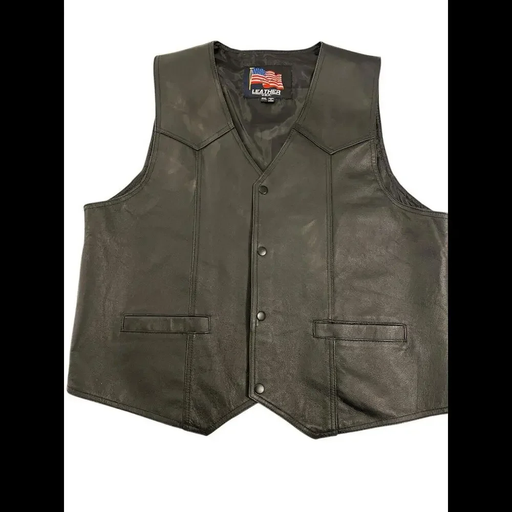USA‎ Leather Navy Vest XXL Black Biker Military Veteran Patch Mens